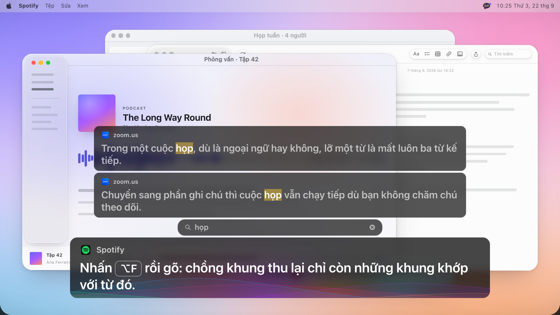 Hai khung phụ đề có từ meeting được tô sáng, ngay dưới là một ô tìm kiếm ghi meeting, và dưới cùng một dòng ghi bằng tiếng Anh: Press Option F and type: the stack narrows to the boxes that match