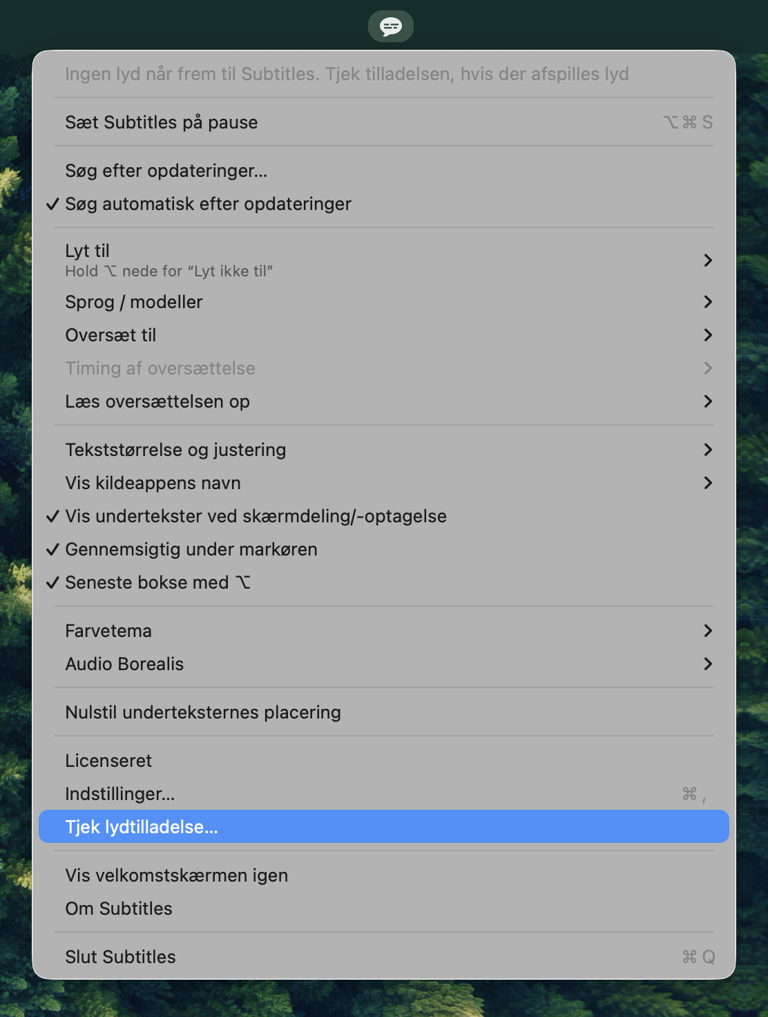 Subtitles-menuen med “Tjek lydtilladelse…” fremhævet og en linje øverst med teksten: Ingen lyd når frem til Subtitles. Tjek tilladelsen, hvis der afspilles lyd