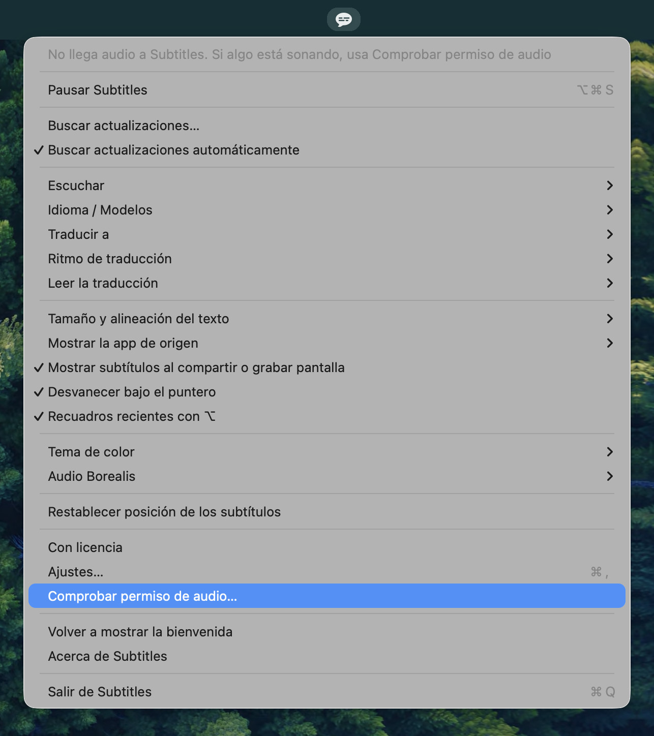 El menú de Subtitles con Comprobar permiso de audio… resaltado, y una línea arriba que dice: «No llega audio a Subtitles. Si algo está sonando, usa Comprobar permiso de audio»