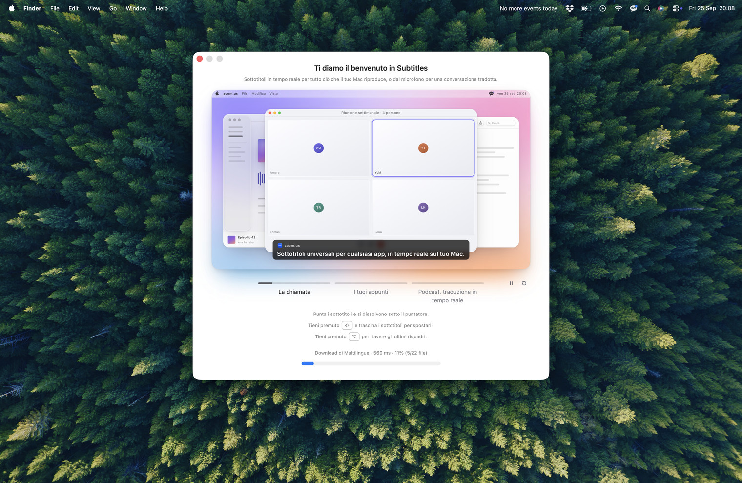 La finestra di benvenuto di Subtitles sulla Scrivania di un Mac, con una chiamata sottotitolata e una barra di avanzamento che dice «Download di Multilingue»