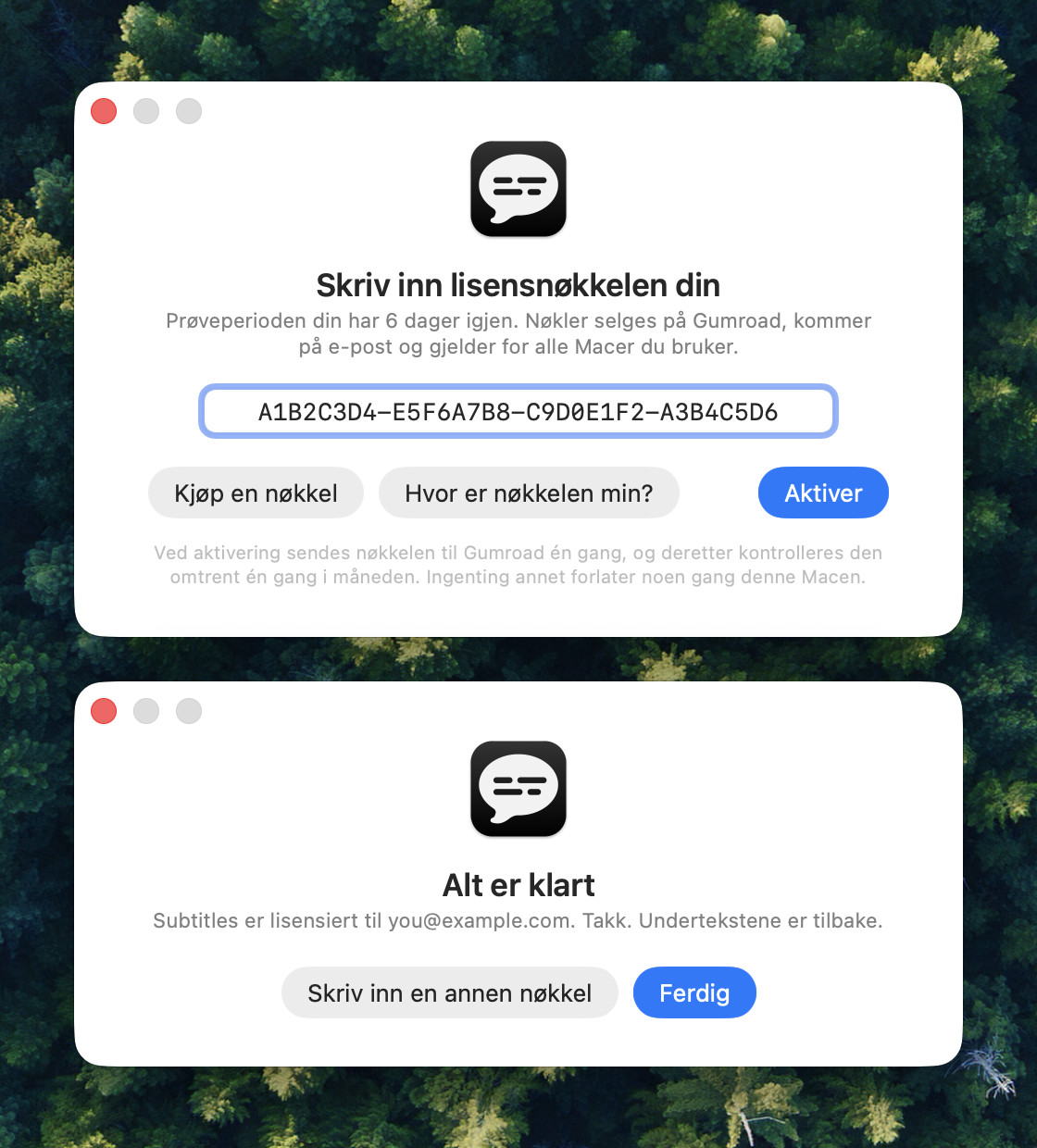 Lisensvinduet i Subtitles med en nøkkel limt inn i feltet over Aktiver-knappen, og nedenfor det samme vinduet etter aktivering, der det står Alt er klart