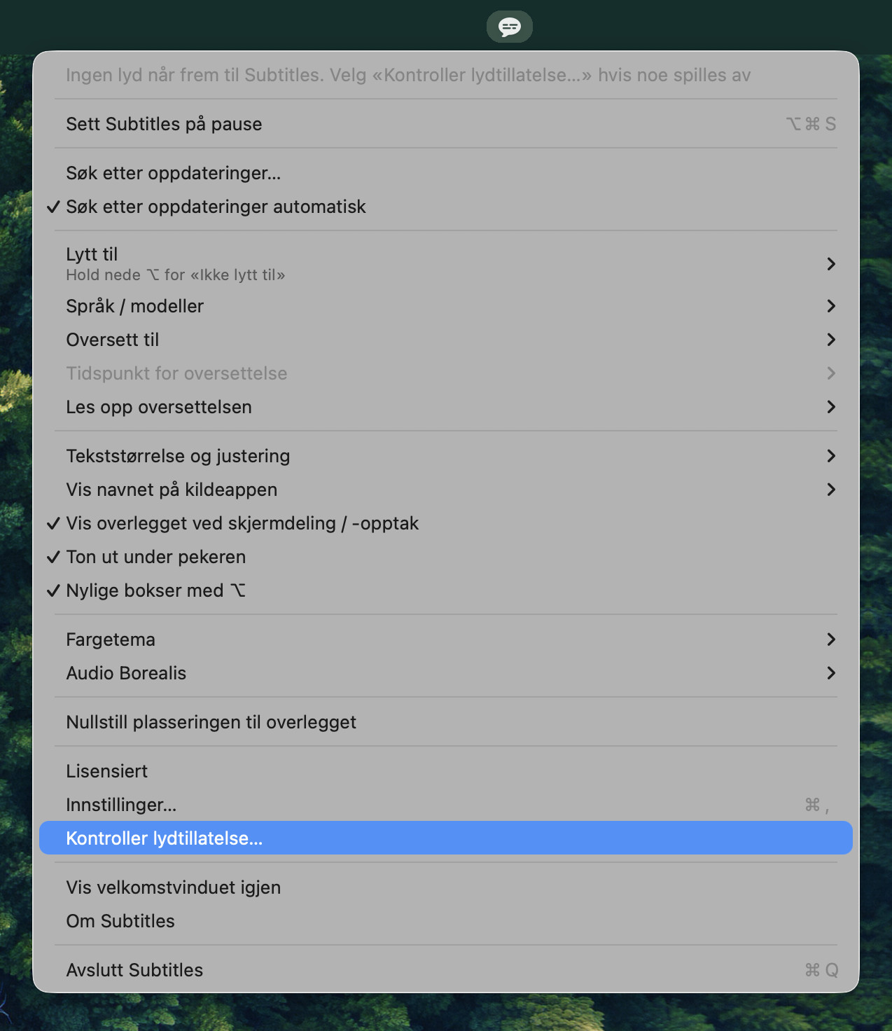 Subtitles-menyen med «Kontroller lydtillatelse…» uthevet, og en linje øverst der det står: Ingen lyd når frem til Subtitles. Velg «Kontroller lydtillatelse…» hvis noe spilles av