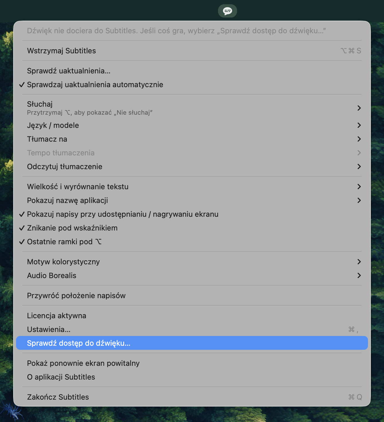 Menu Subtitles z podświetloną pozycją „Sprawdź dostęp do dźwięku…” i wierszem u góry: „Dźwięk nie dociera do Subtitles. Jeśli coś gra, wybierz »Sprawdź dostęp do dźwięku…«”