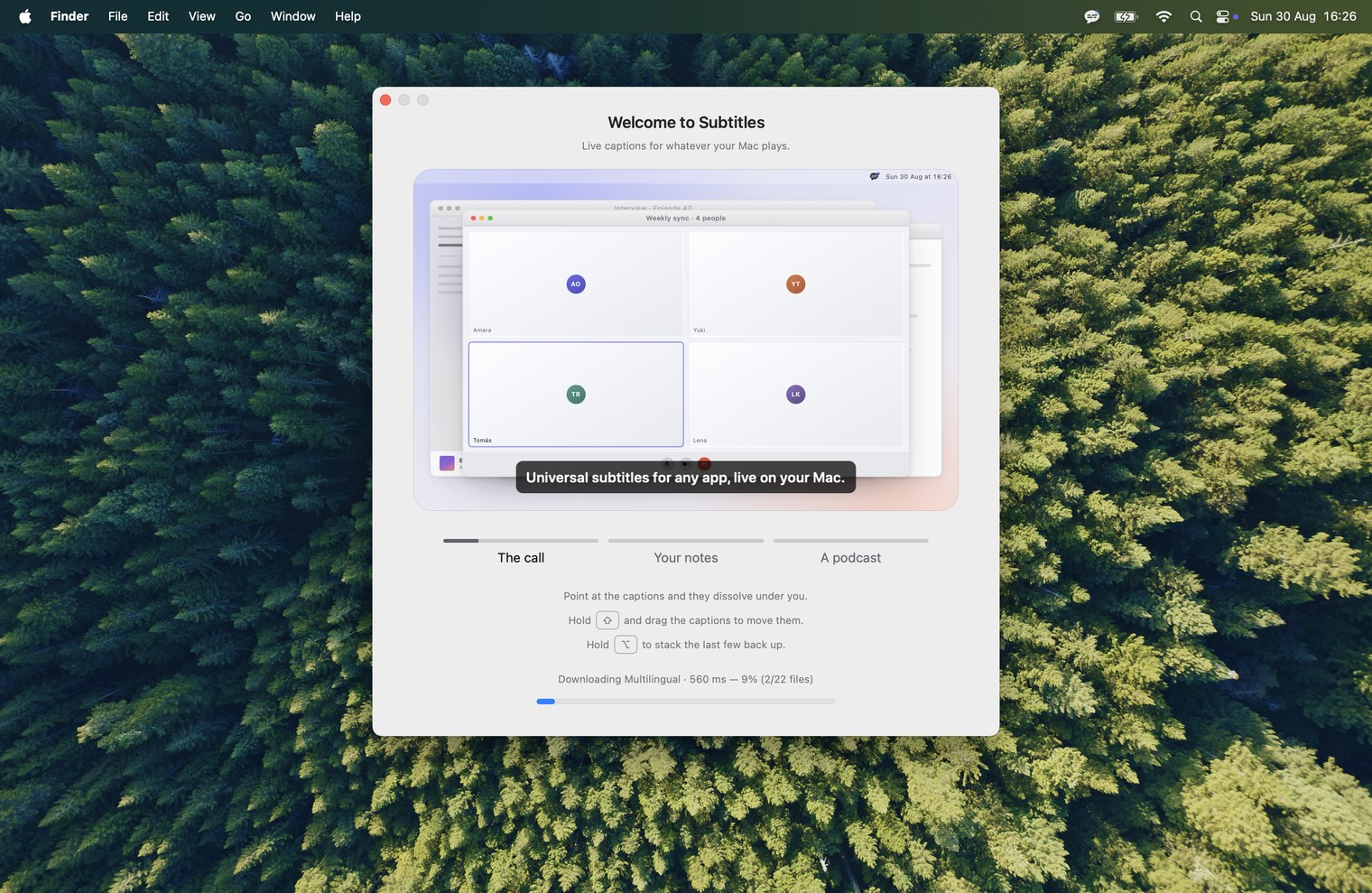 La fenêtre d'accueil de Subtitles sur un bureau Mac, montrant un podcast sous-titré et une barre de progression indiquant « Chargement de la détection de voix »